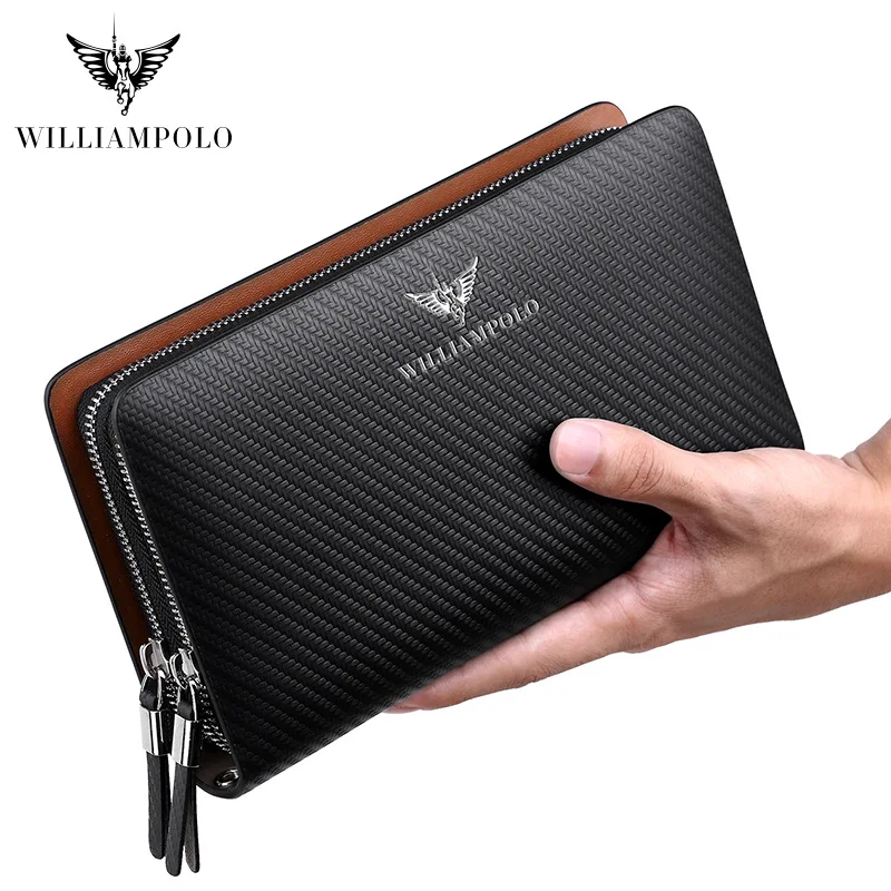 WILLIAMPOLO Genuine Leather Mens Wallets Business Large Capacity Clutch Bag Credit Card Holder Double Zipper Wallets for Men