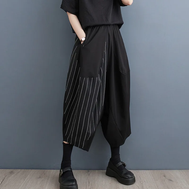 #2902 Spliced Striped Wide Leg Pants Women Elastic Waist Loose Asymmetrical Trousers Female Pockets Bloomers Baggy Pants Summer