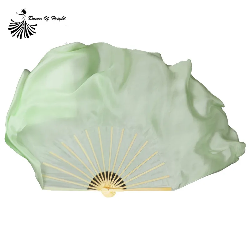 Light Green Veil Yangko Dance Fan 100% Real Silk Flowy Classical Dancer Practice Show Props One Pair(L+R) China Bamboo Folk