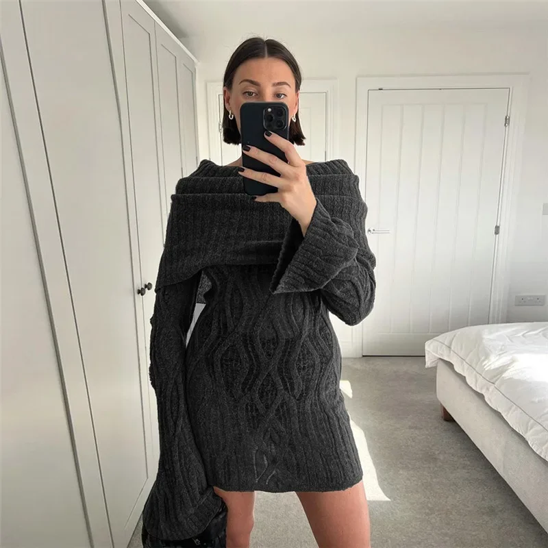 Knitted Crochet Sheer Bodycon Mini Dress Women Autumn Solid Slash Neck Full Sleeve High Waist Elegant Dresses Casual Streetwear