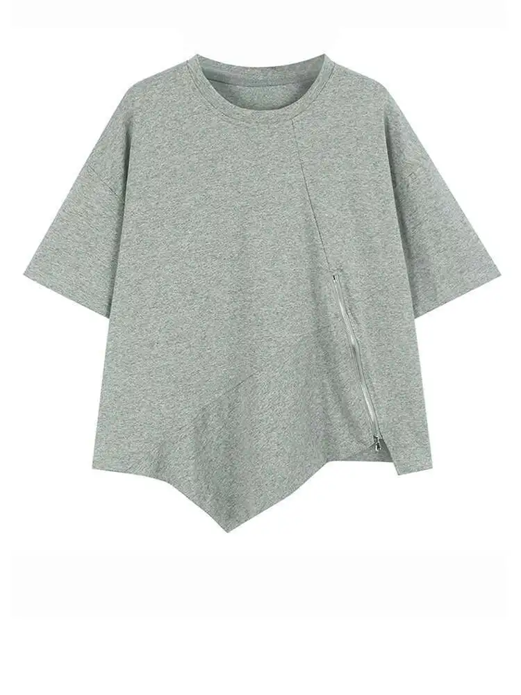 

Women Black Zipper Irregular Big Size Casual T-shirt New Round Neck Short Sleeve Fashion Tide Spring Summer