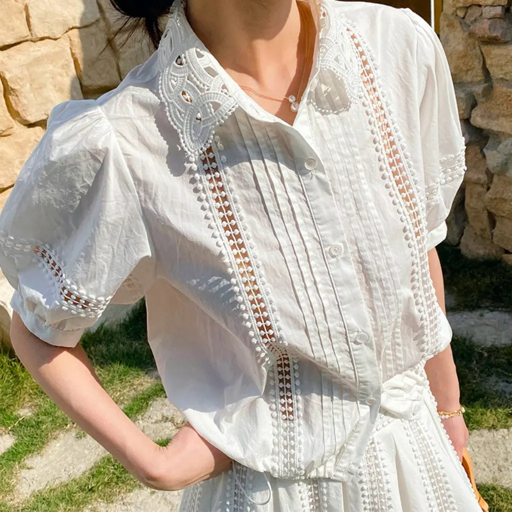 

Летний женский комплект из белой рубашки и юбки во французском стиле с короткими рукавами, костюм знаменитости в Шэньчжэне Nanyou