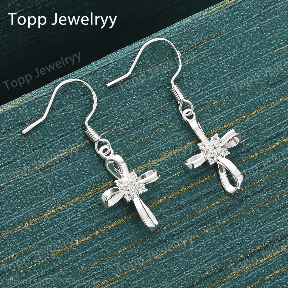 

925 Sterling Silver Exquisite Ribbon Bow Zirconia Cross Earrings - Fashionable Women's Wedding Gift Jewelry
