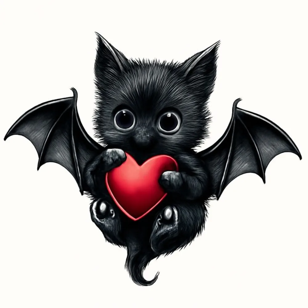 

Car Vinyl Decal Adorable Black Fluffy Kitten like Creature with Bat Wings Clutches Red Heart Solid Background Waterproof