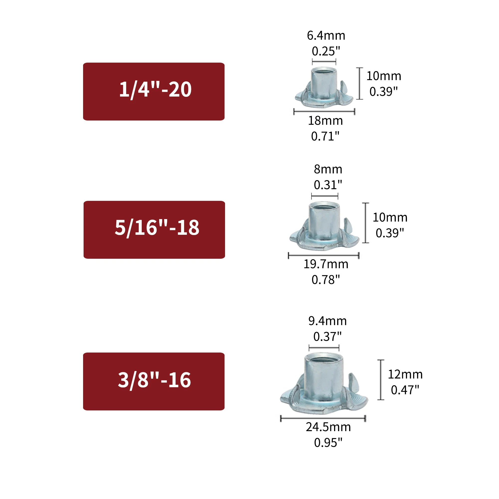 10/20/30pcs 4-prong Tee Nut Assortment. Sizes: 1/4