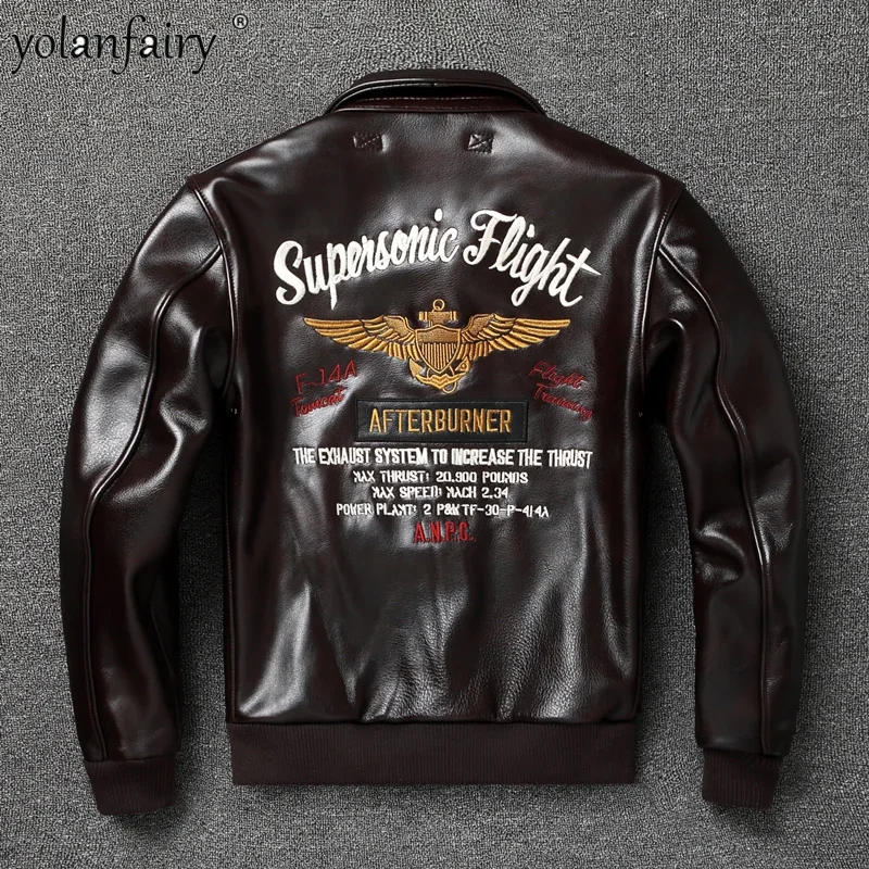 

100% Genuine Leather Jacket Mens Vintage First Layer Oil Wax Cowhide Leather Coat Male Lapel Slim Flight Suit Embroidered Tide F