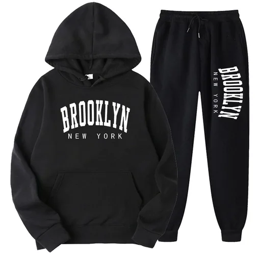 BROOKLYN 뉴욕 남녀공용 후드 맨투맨 세트 순면 커플 조깅 스웻셔츠, 오버사이즈 스트리트웨어, 가을 겨울