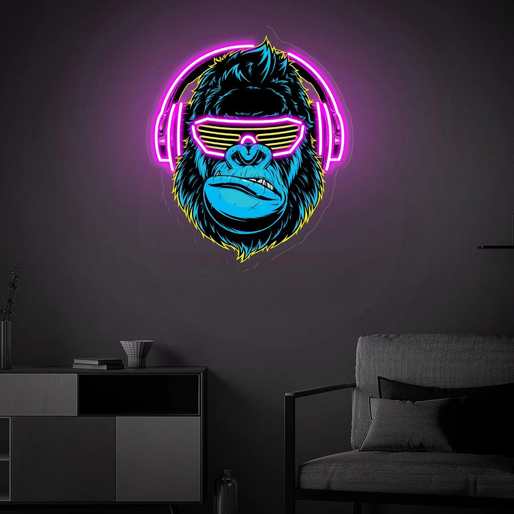 

Cool Monkey Headphone Led Sign Custom Music Club Wall Decor Man Cave Home Bar Decoration Gorilla with Headphones LED Sign Light