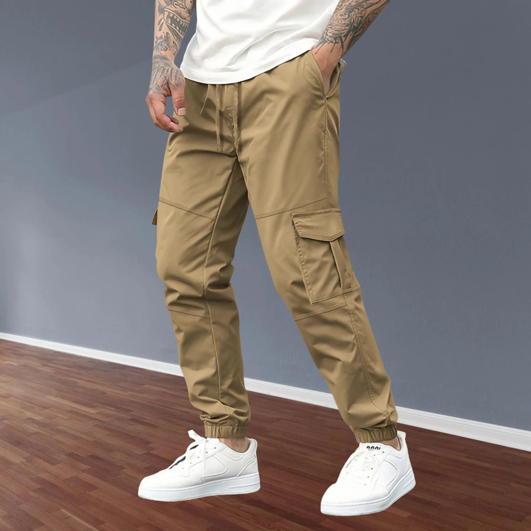2025 men's casual overalls, youth fashion all-in-one multi-pocket sports pants solid color classic comfortable combat pants
