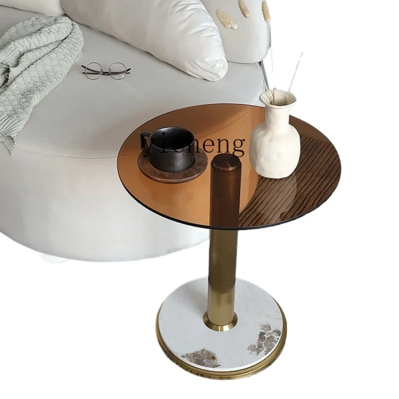 

ZF Personality round Coffee Table Light Luxury Stone Plate Brown Transparent Glass Tea Table Stainless Steel