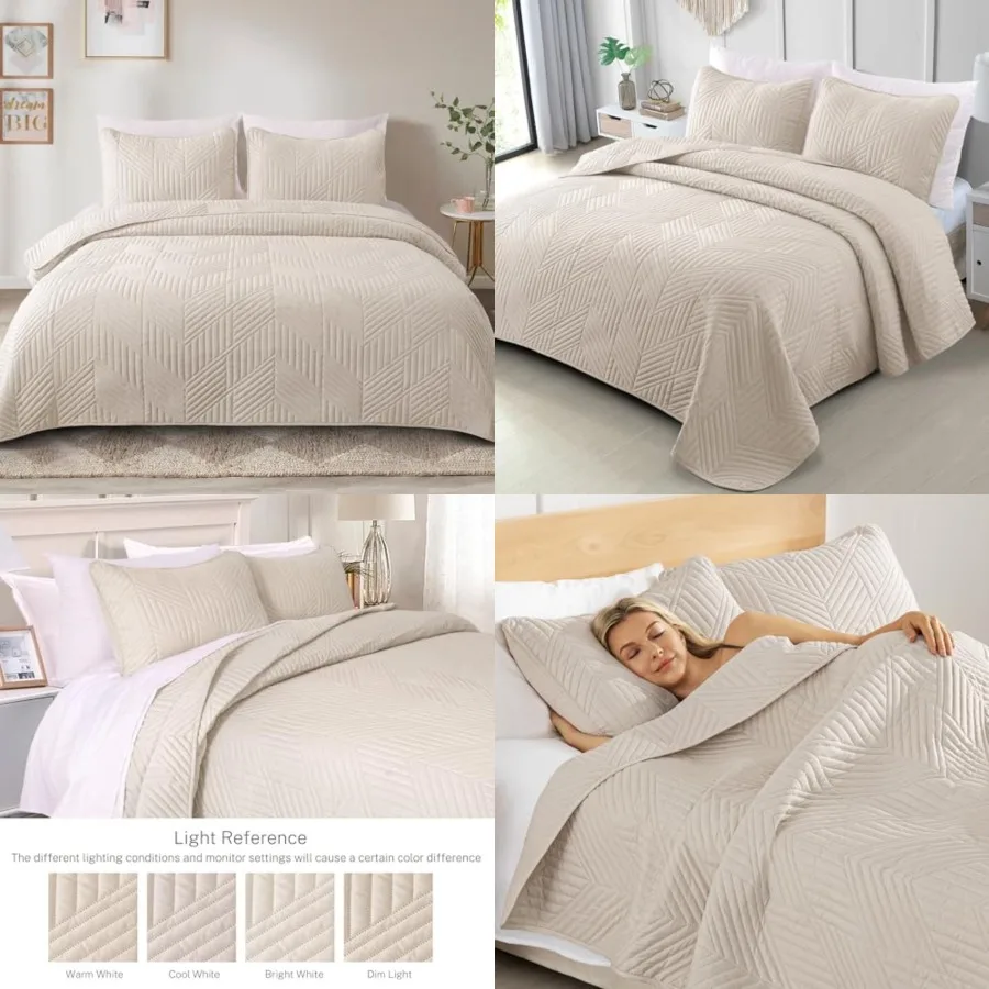 

Ultrasonic King Quilt Bedding Set, Lightweight Brich Beige Bedspreads Soft Modern Geometric Coverlet Set for All Seasons (1 Quilt and 2 Pillow Shams)