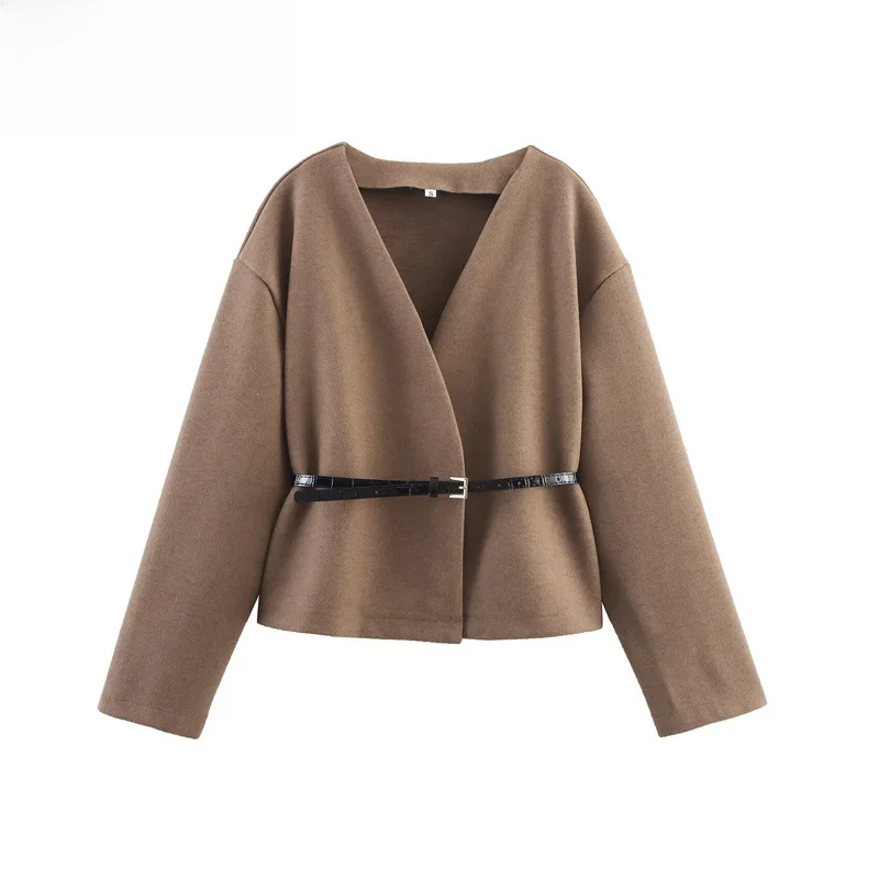 

Faionable Soft V-Ne Long Sve Jaet Women's Autumn New Sle Belted Outerwear Comfortable Polyester Fiber Warm Coat