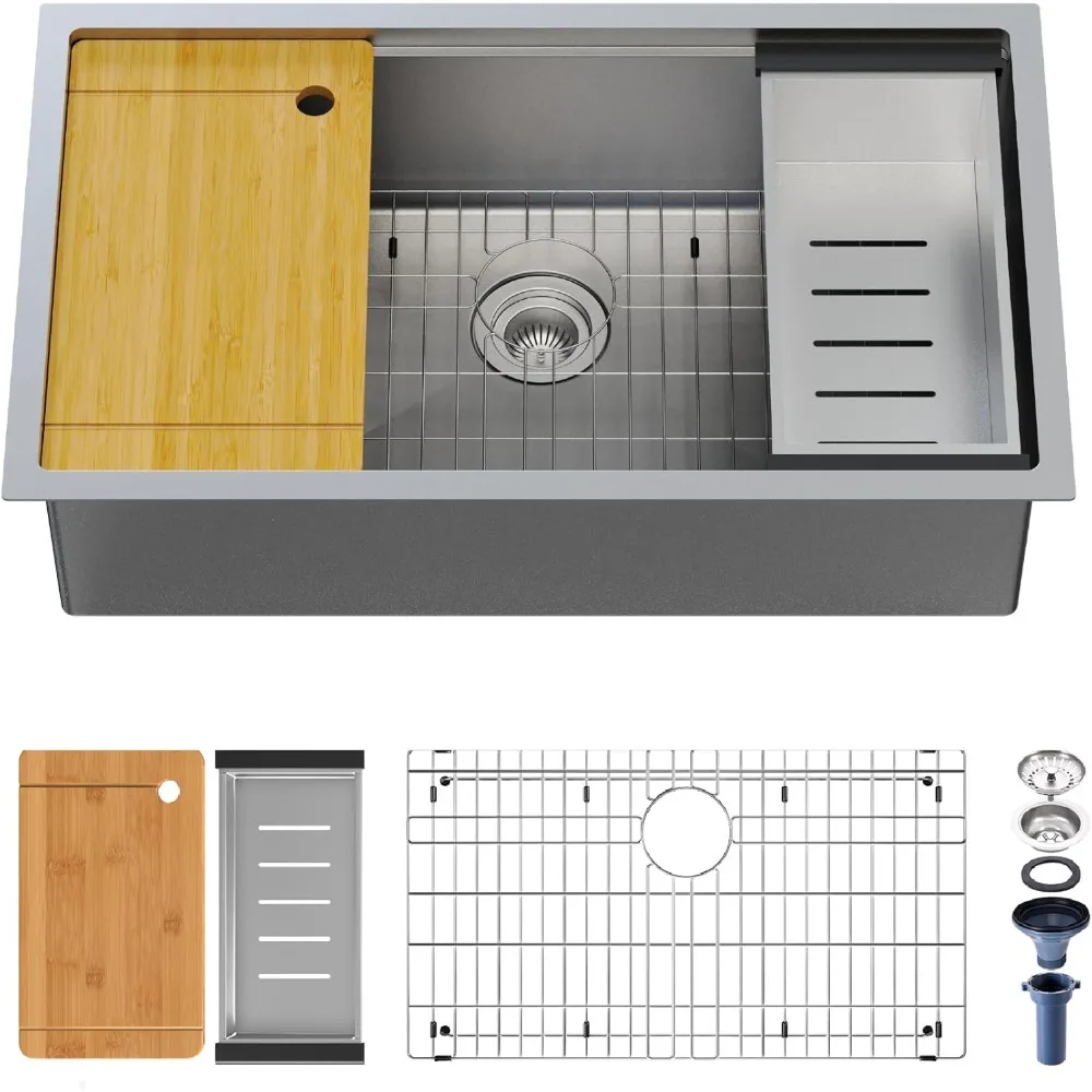 

Кухонная мойка 32 x 19 x 9 дюймов, рабочая станция 16 калибра, кухонные мойки из нержавеющей стали S304, современная ручная работа, одна чаша, глубокая