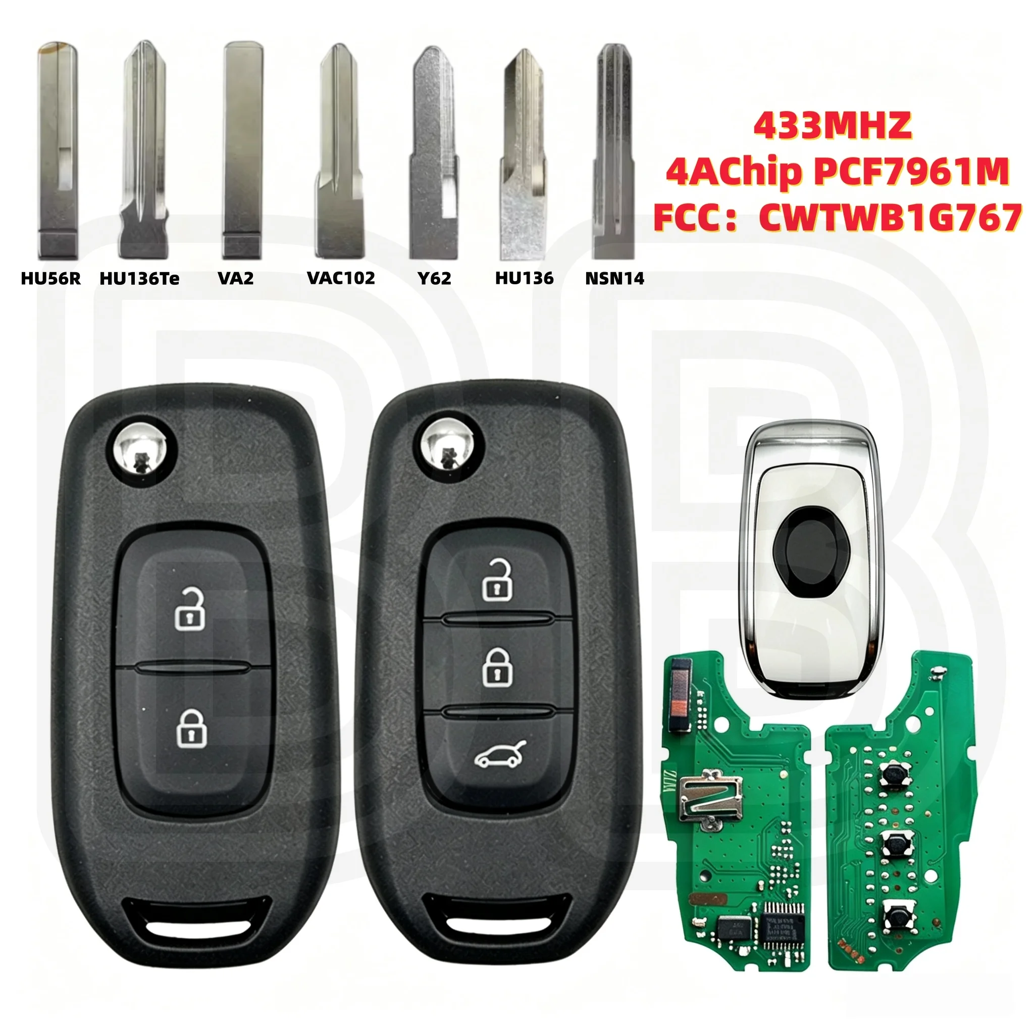 Id4A Chip Pcf7961M Fcc:Cwtwb1G767 433Mhz for Renault Clio Kadjar Captur Symbol Twingo Dacia Duster Sandero Megane 3 Remote Car Key