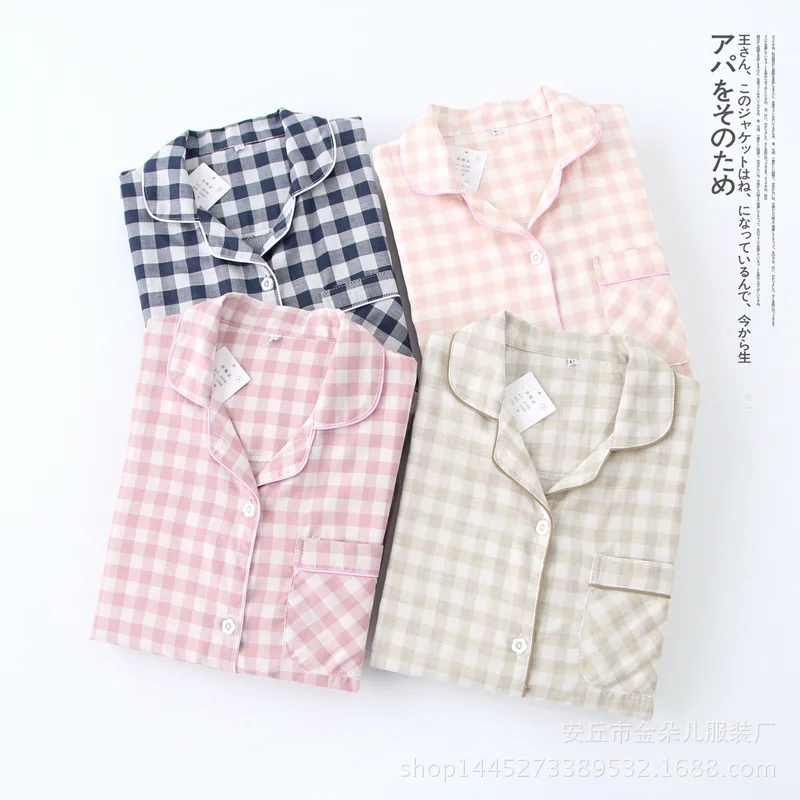 Cotton Couple Pajamas Korean Version Simple Spring and Summer Pure Cotton Casual Two-Piece Set Japanese Plaid Home Clothes
