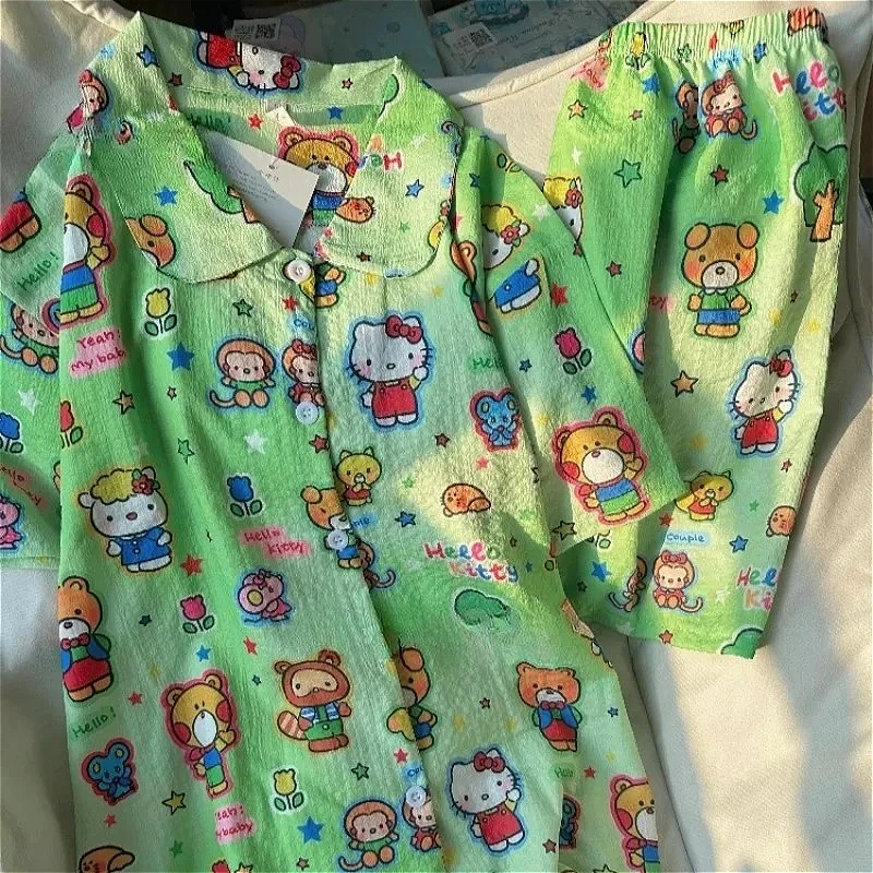 

Cute Hello Kitty Girls Green Crape Cartoon Pajama Sets Short Sleeved Summer Sweet Women's Outerwear Pajamas Suits Nightwear Home
