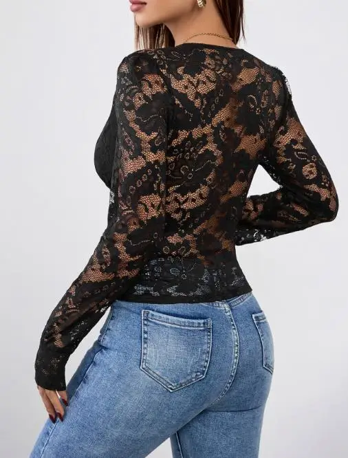 

2025 Autumn New Sexy and Elegant Casual Y2K Hot Girl Latest Hot Selling Style Lace Waist Cinched V-Neck Black Temperament Top