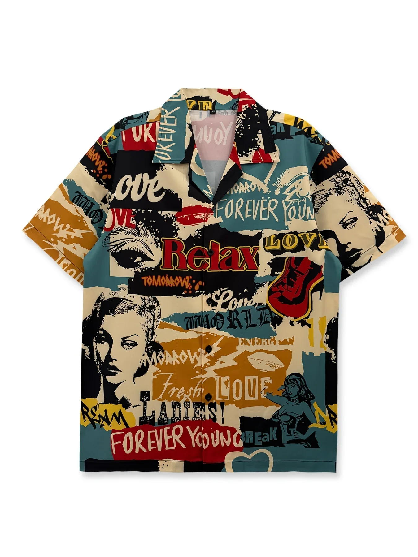 Men Trendy Retro Pop Art Collage Figure Print Hawaiian Shirt Tropical Beach Short Sleeve Aloha Blouse Multiple Styles Available