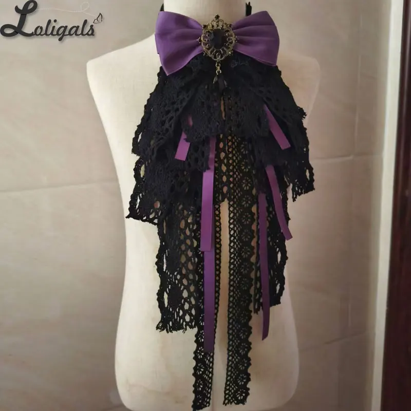 Lolita Jabot czarna koronkowa kokardka gotycka wiktoriańska Vintage Cosplay muszka akcesoria na szyję odpinany kołnierz