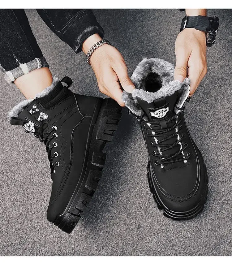 

Men's Winter High-Top Boots British Style Cargo Plus Fleece Cotton Shoes Thick Soled Outdoor Ankle BHeight Increasing Shoes