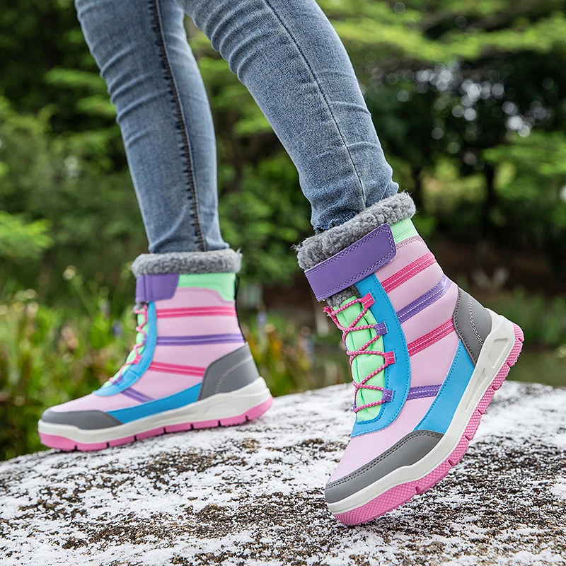 Botas de senderismo impermeables para invierno, zapatillas de Trekking antideslizantes para exteriores para niños, botas de nieve de felpa, botas cálidas informales para exteriores para niños