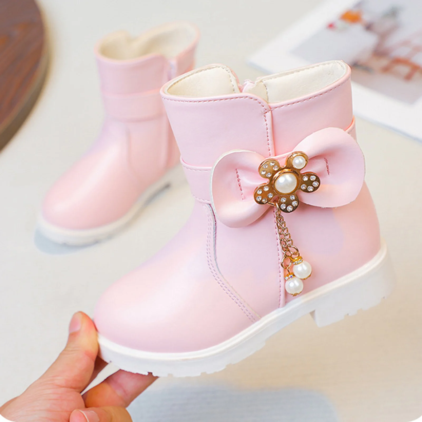 

Сапоги принцессы для девочек, детские ботильоны на шнуровке с бантом, милые теплые хлопковые детские резиновые сапоги, зимние сапоги на меховой подкладке, обувь, новинка