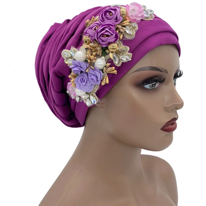 Luxury Rhinestone Flower Pleated Turban Cap Elegant Women\'s Head Wrap Headscarf Bonnet Female Party Headwear Hat Turbante