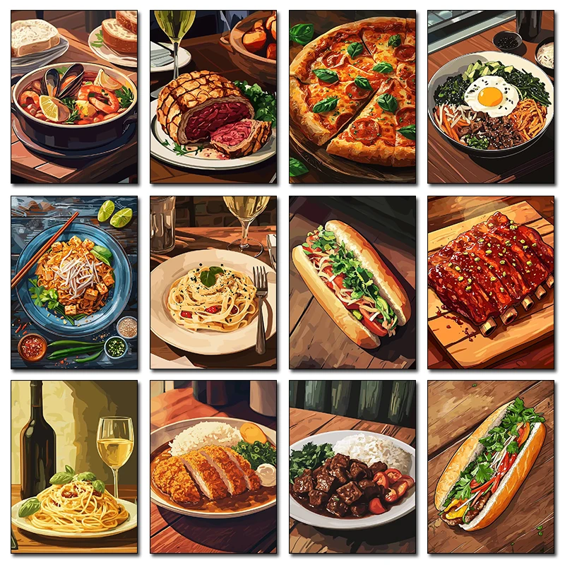 Póster de comida con diseño de sushi, pasta, croissant, postre, espaguetis con vino, pizza, pintura en lienzo e impresión para decoración de sala de estar y cocina