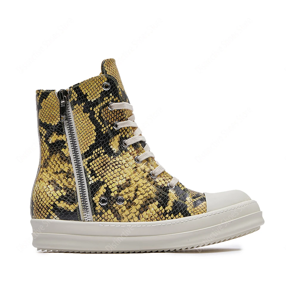 Men's Casual Shoes Womem's Sneakers Yellow Cowhide With Python Pattern Shoes For Men Lace-up Fashion Zip High Top RO Men's Shoes