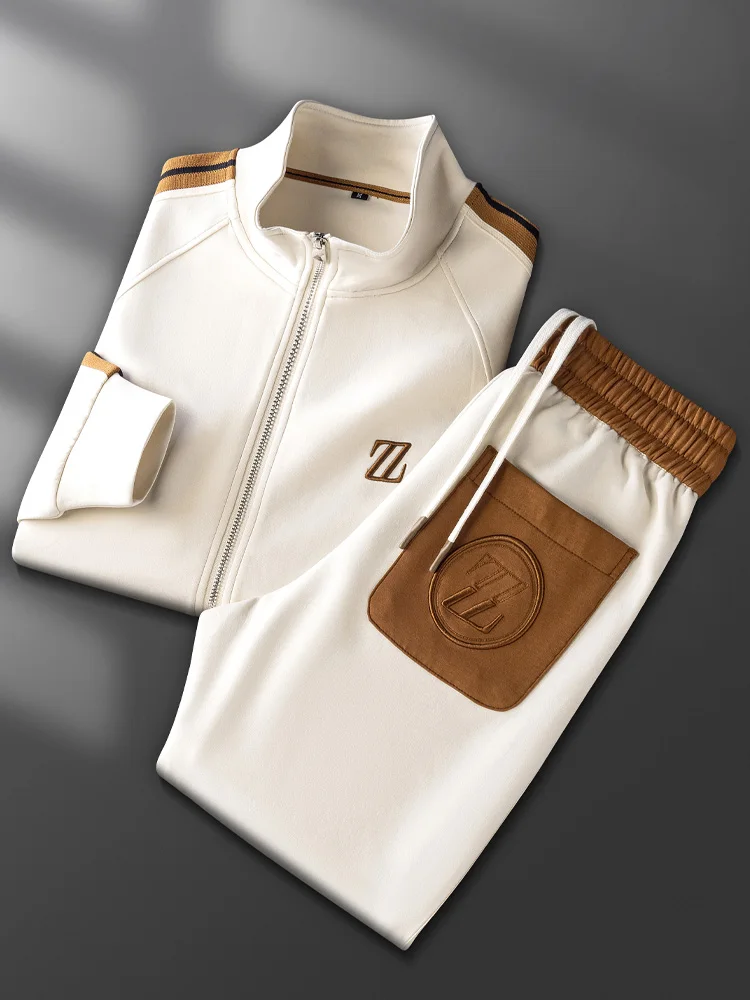 

Мужской повседневный комплект на осень-зиму: худи на молнии и брюки прямого кроя, высококачественный комплект из двух предметов с лоскутным дизайном и вязаным поясом сбоку