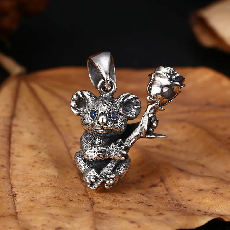 S925 Sterling Silver Koala Pendant Black Color Old Process Animal Unisex Blue Zircon Rose Fine Jewelry FYNE381