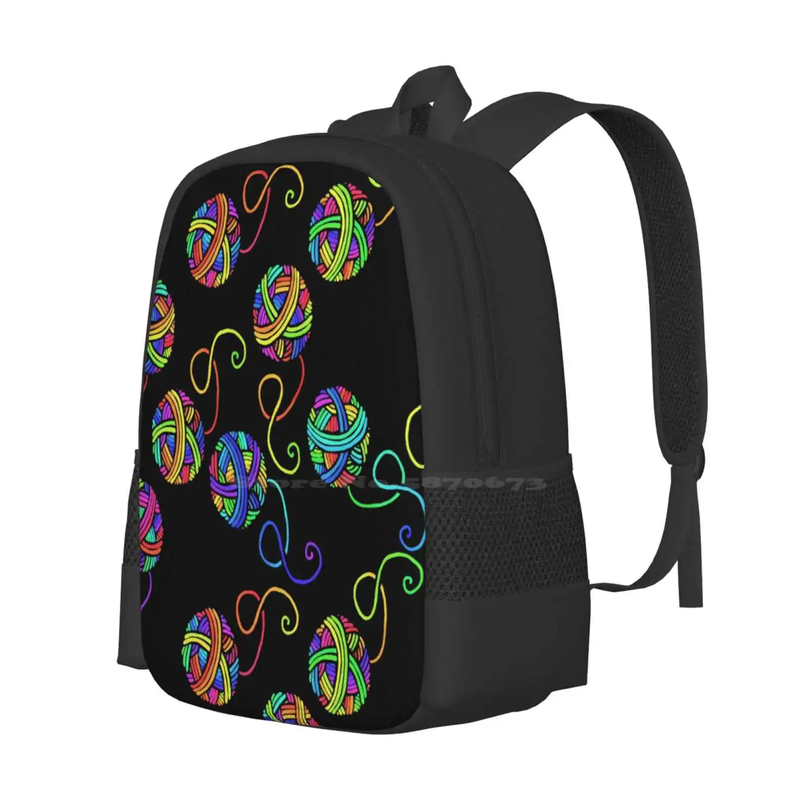 A Ball Of Rainbow (On Black) Hot Sale Schoolbag Backpack Fashion Bags Ball Of Yarn Rainbow Colours Rainbow Colors Rainbowy