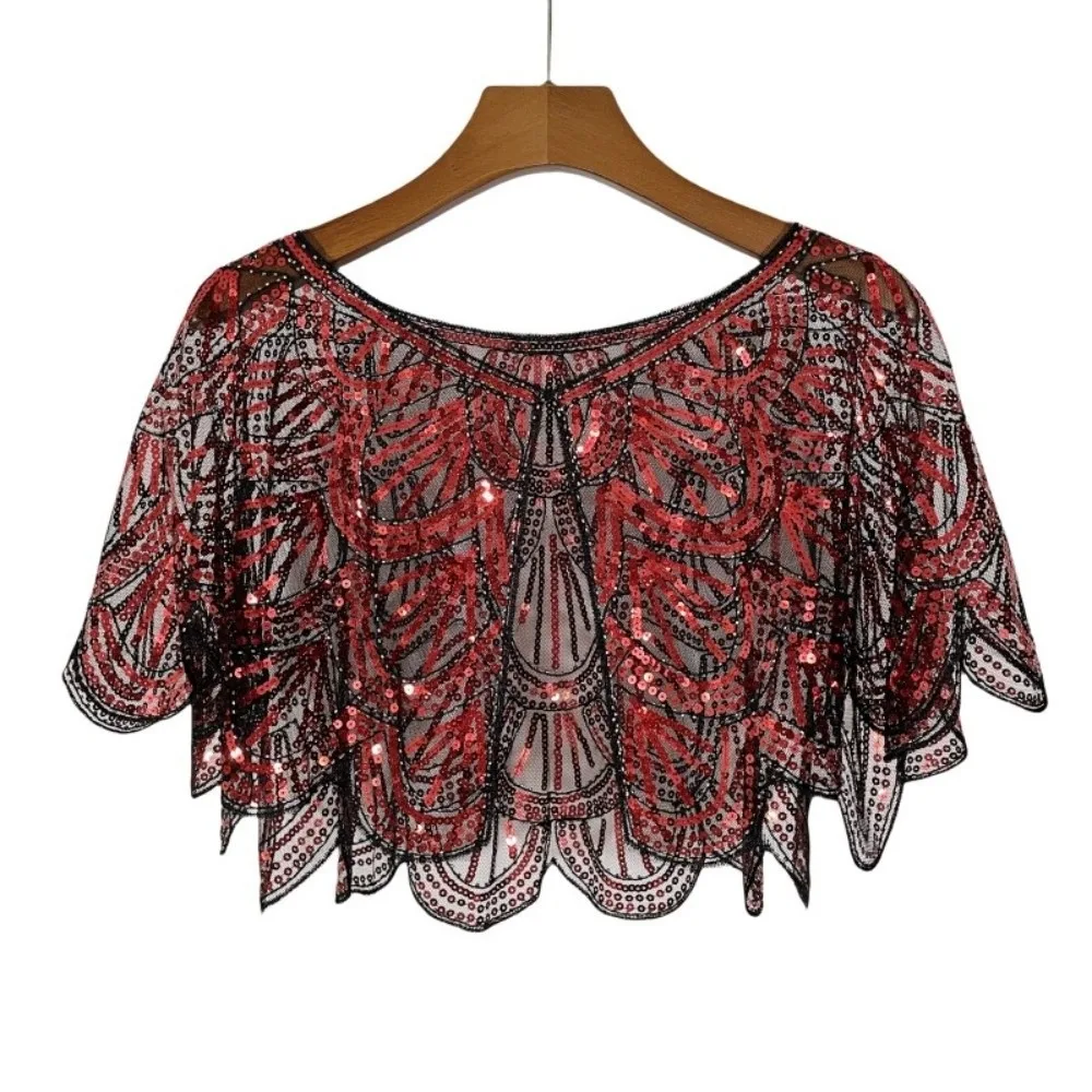 Sparkling Ruffle Sequins Poncho Coat Blingbling Mesh Short Cape 1920s Theme Hollow Flapper Shawl Ladies