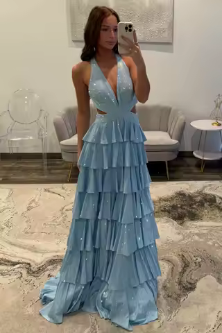 Luxury Evening Dresses Customize A-Line Sequins A-Line Tiered Hem Prom Dress Floor-Length Deep V-Neck Evening Dresses