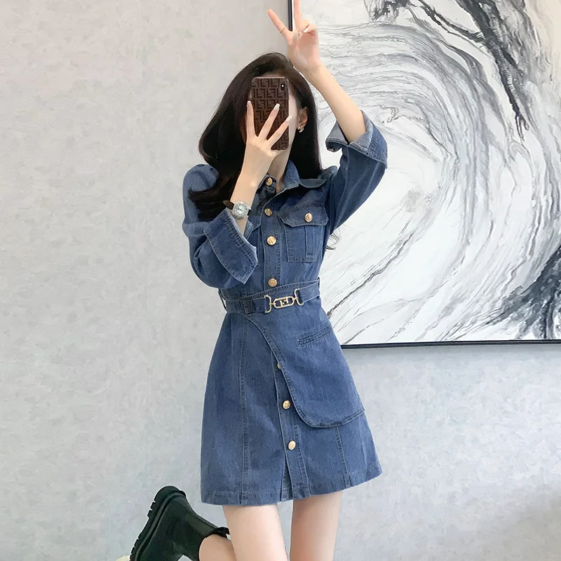 

Retro denim dress female Hong Kong wind spice girl short long sleeve waist one-piece skirt tide