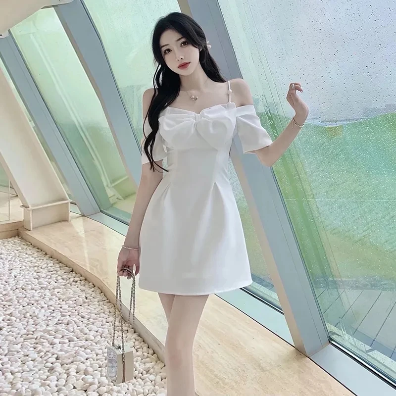 Sexy Off Shoulder Bow Dress Women Slim Short Slip Dress Ladies Style Birthday Formal Elegant White Mini Dresses