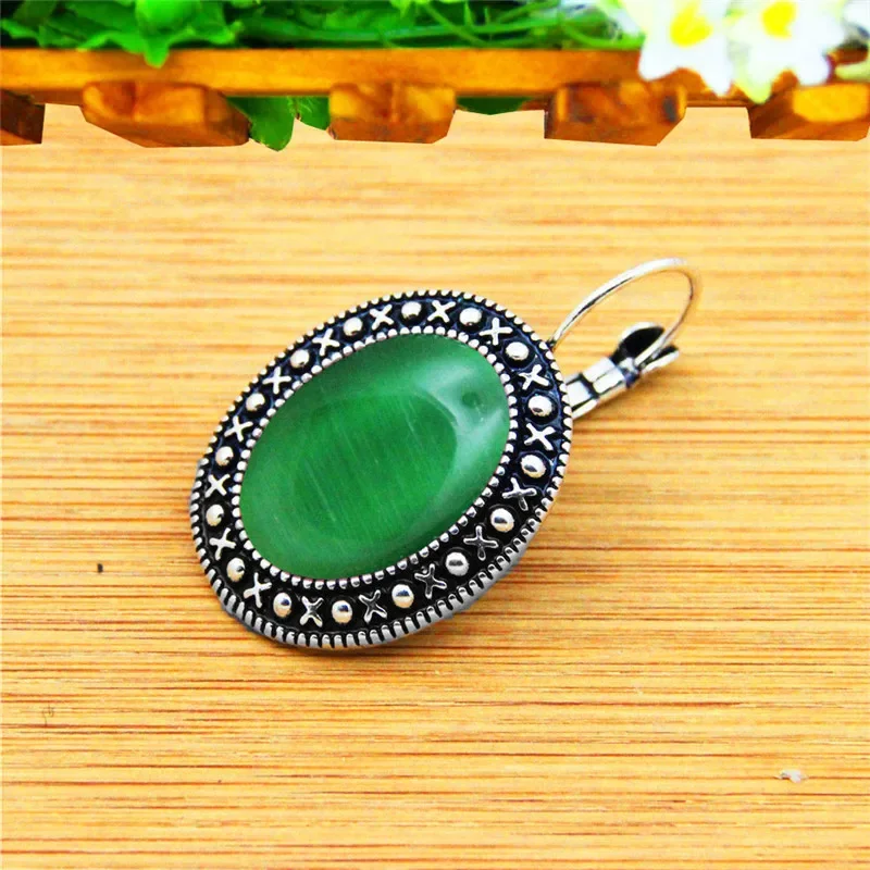 3 Colors Oval Opal Earrings Vintage Pendant Earrings For Women Antique Silver Plated Stone Fashion Jewelry