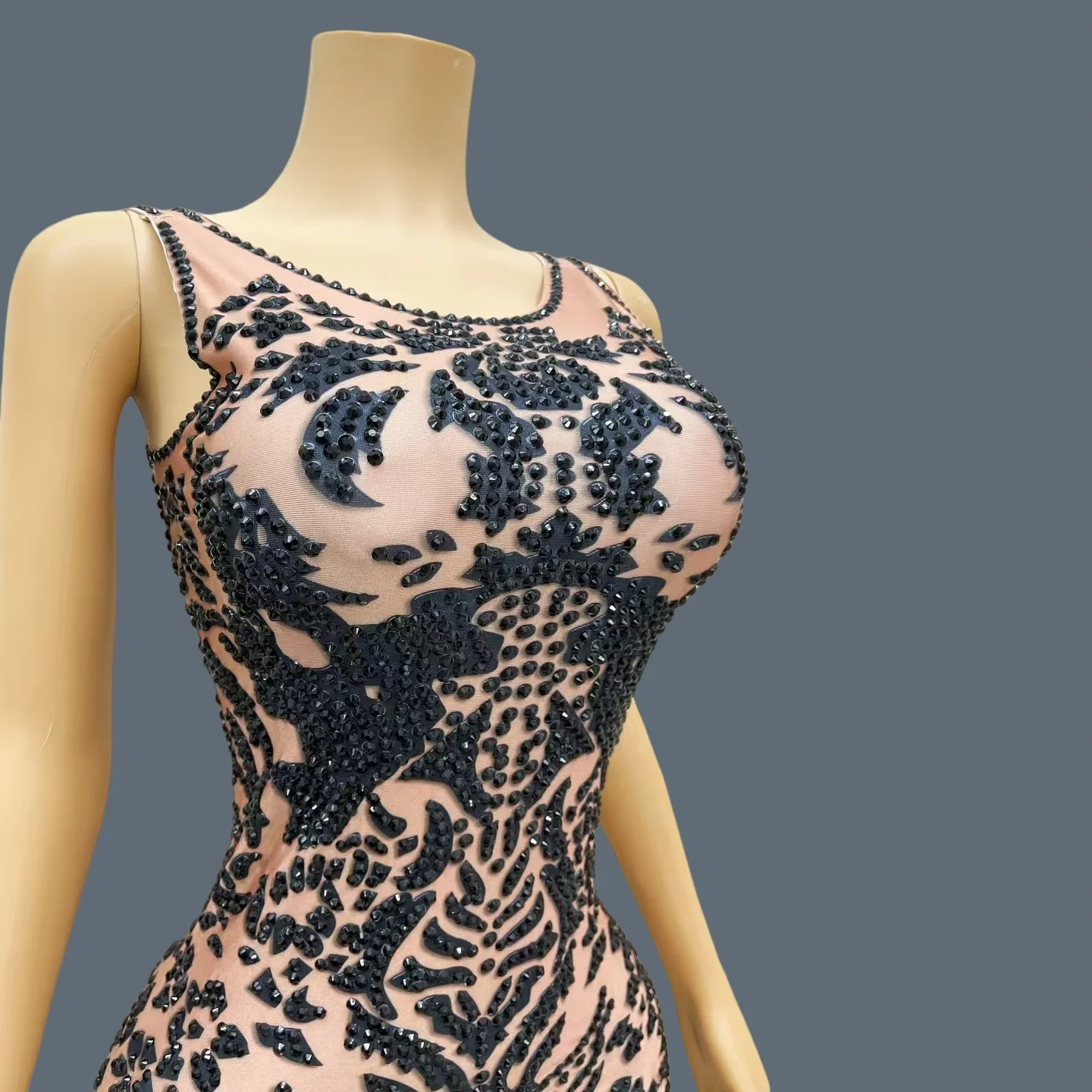 Feminino preto padrão strass brilhante vestido de baile aniversário luxo jantares sexy maxi vestido celebrar festa vestido de noite heijiao