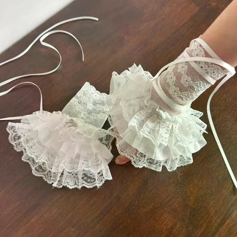 

Свитер для девочек, украшенный искусственными рукавами, вязаные крючком, цветочные кружевные манжеты с рогами, эластичные воланы с вышивкой