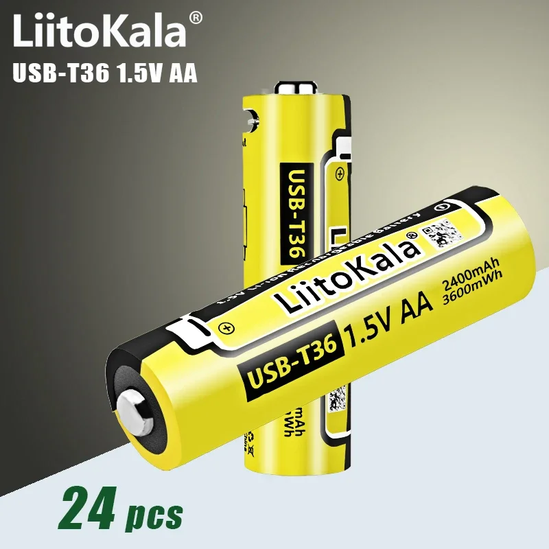 24pcs Liitokala USB-T36 AA 1.5V 3600mWh Large Capacity Lithium Rechargeable Battery Type-C USB Fast Charge for Mouse Toy