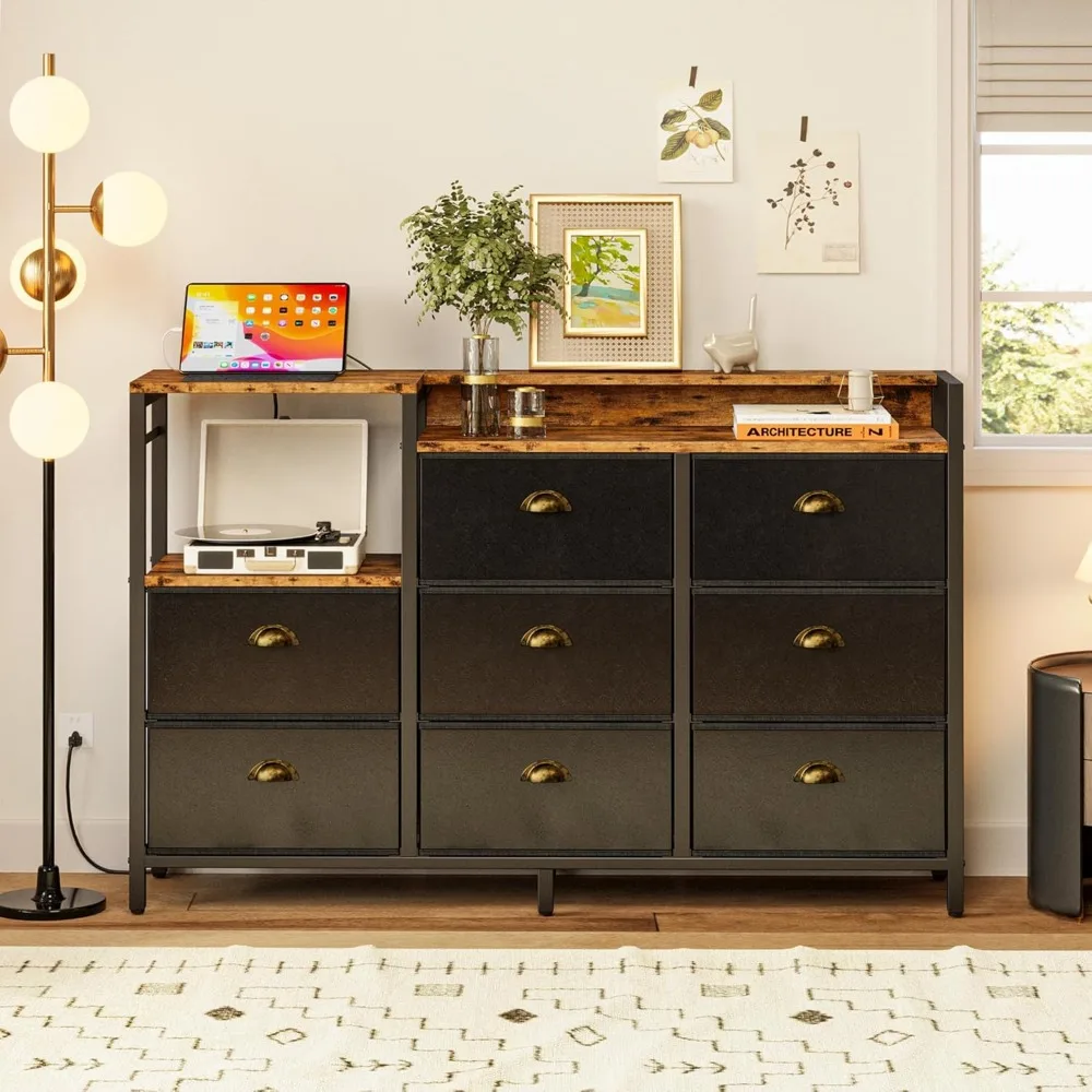 مخرج طاقة وخزانة ملابس بإضاءة LED مع 8 أدراج تشبه الجلد ومحطة شحن #5