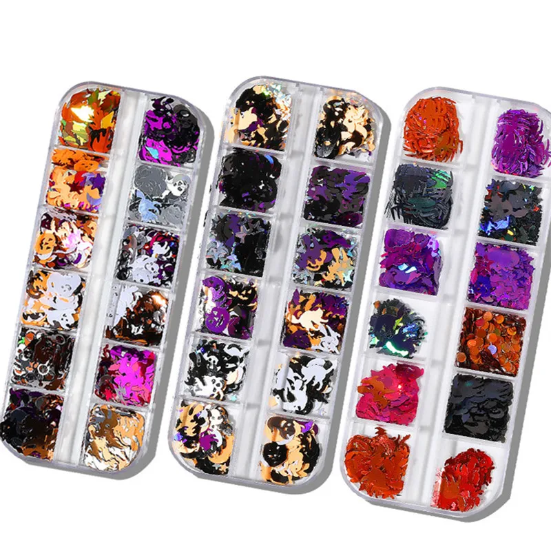 Lentejuelas holográficas con purpurina para Festival, accesorios de decoración de uñas artesanales, 1 caja con forma de calabaza fantasma de Halloween