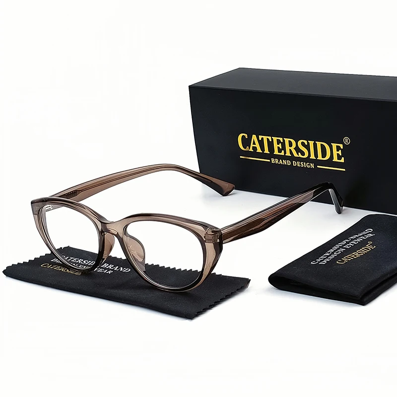 Caterside Small Optical Glasses Frame Men Cat Eye Elliptical Fashion TR-90 Frame Plain Leopard Print Glasses Gift Set Eyeglass