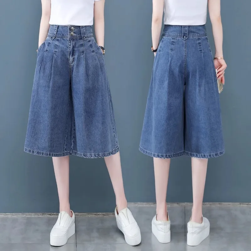 جينز نسائي مريح صيفي رقيق وفضفاض غير رسمي تنورة سروال عالي الخصر للتخسيس سبع نقاط واسعة الساق
