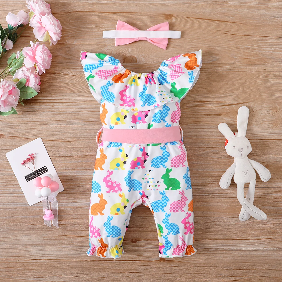 PatPat Easter 3pcs Baby Girl Allover Multicolor Rabbit Ruffle Collar Jumpsuit with Belt & Headband Set