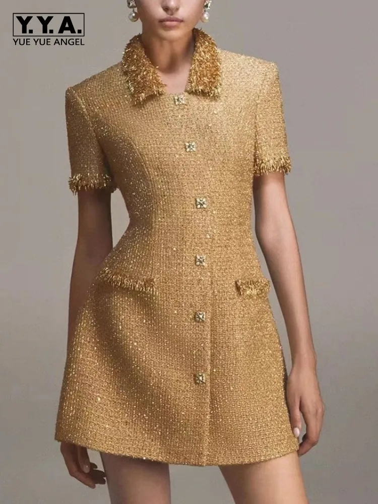 Luxury Women Elegant Tweed Dress Short Sleeve Sequined Beading Tassel High Waist Ladies Slim Fit Vintage A Line Mini Dresses