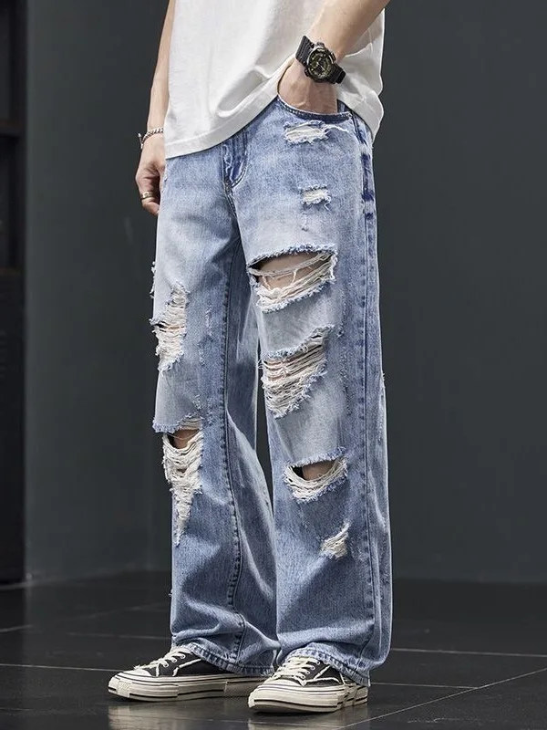 

Американские винтажные мужские свободные джинсы, повседневные прямые брюки, модные джинсы с дырками, классические синие джинсовые брюки