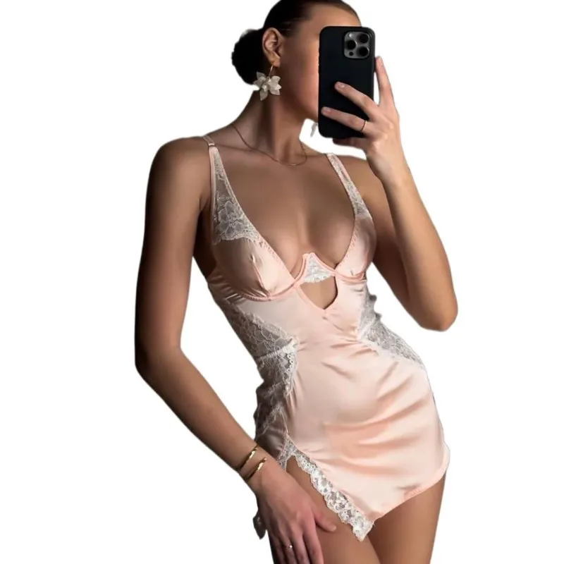

Sexy Satin Night Dress Deep V Neck Lace Trim Slip Dress Women's Silk Lingerie Elegant Sissy Nightgown Slips With Thongs Sheer