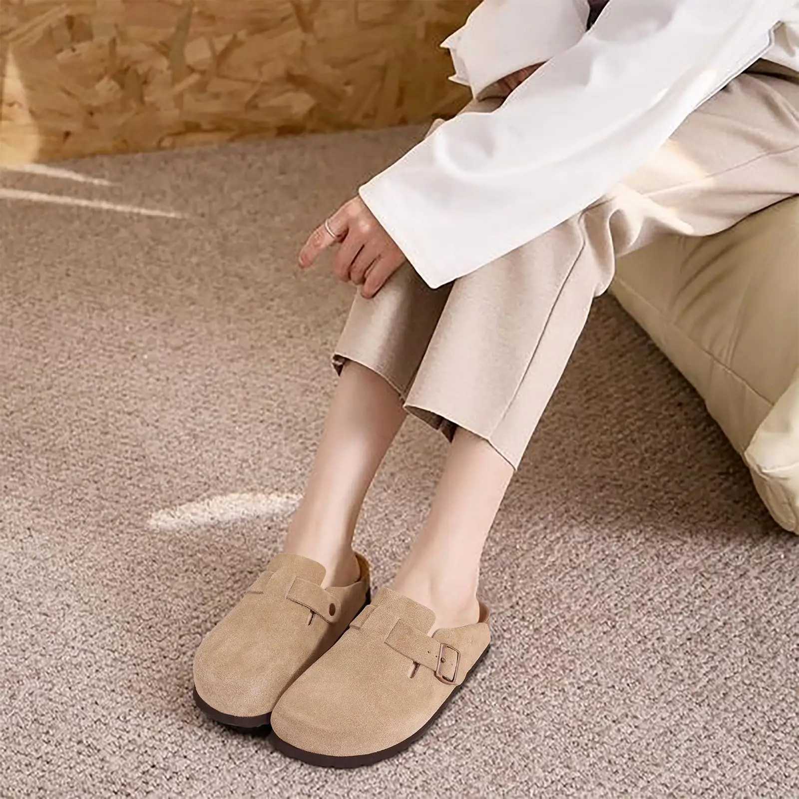 Shevalues Suede Clogs Women Classic Cork Slippers Female House Flat Slippers Slip-on Outdoor Clogs Beach Slides Cork Mules Men