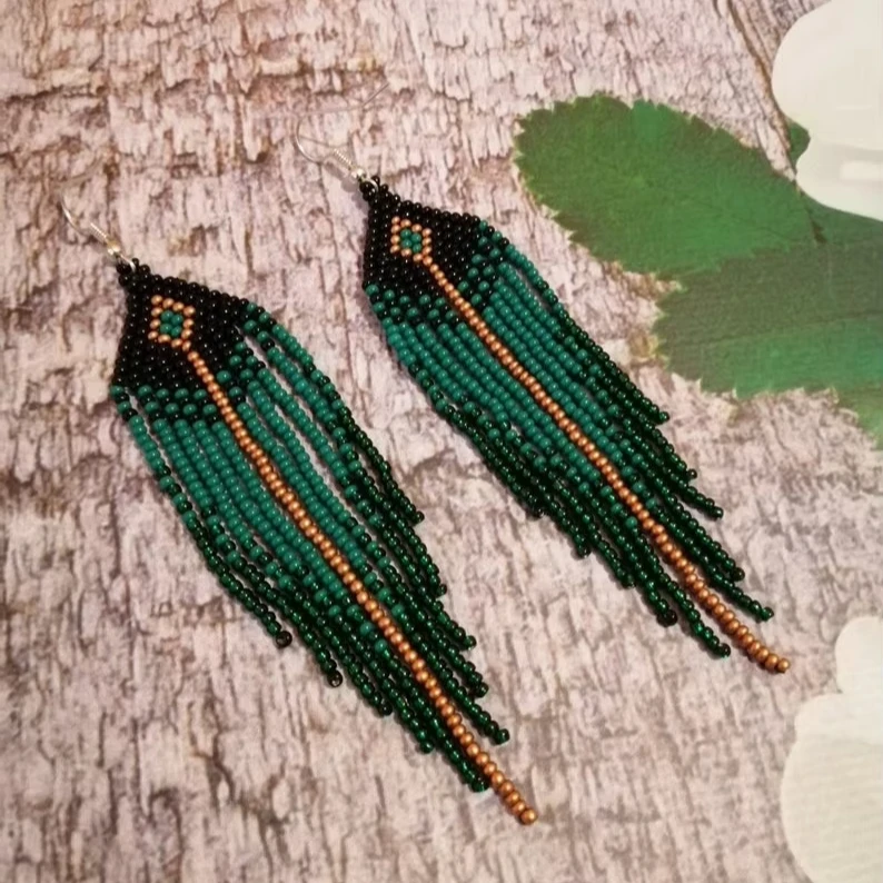 

Серьги из рисовых бусин, кисточки, креативный геометрический узор, богемный градиент цвета, ручное плетение, женские модные серьги из сплава, расшитые бисером
